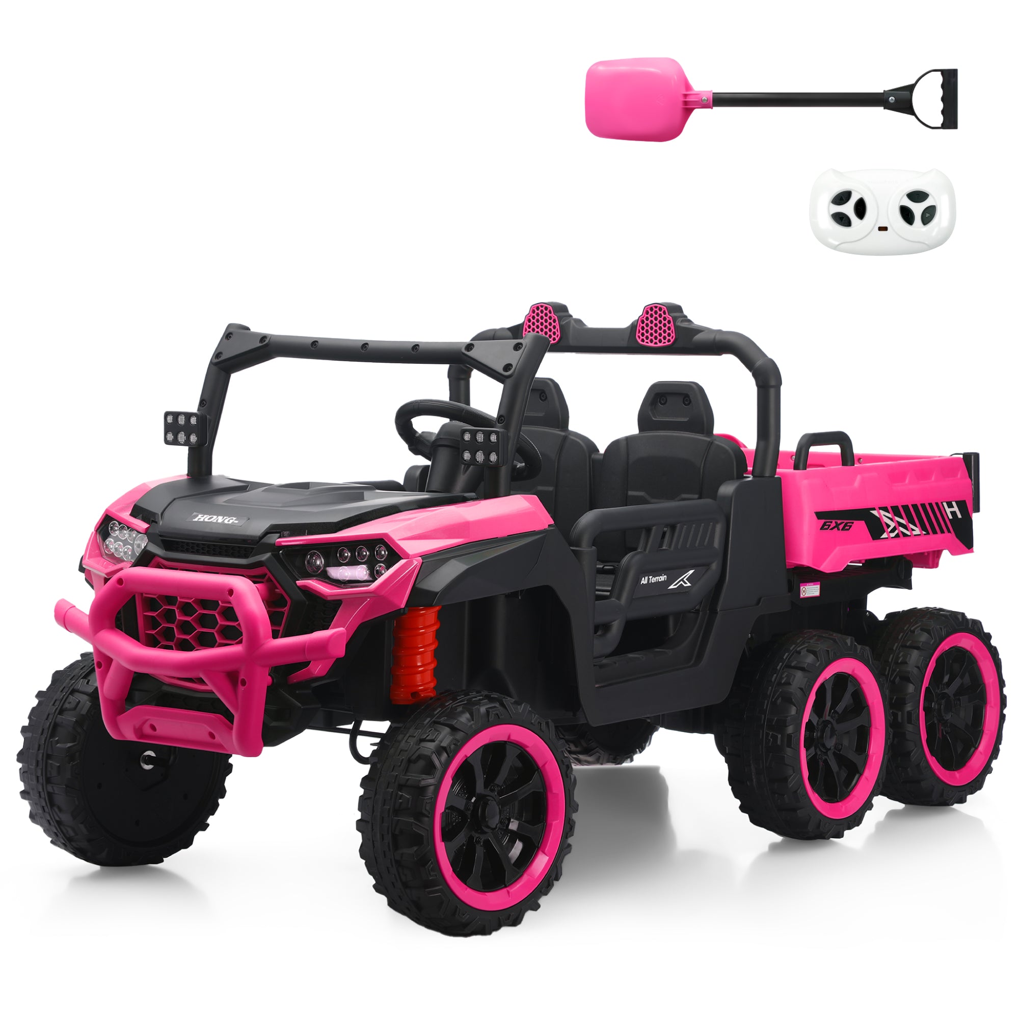 24V UTV 2 Seater Dump Truck with Remote Control, Electric Dump Bed, 4WD Power Ride on Truck Cars 6x6 Wheels, Music, Storage Trunk, Shovel for Kids