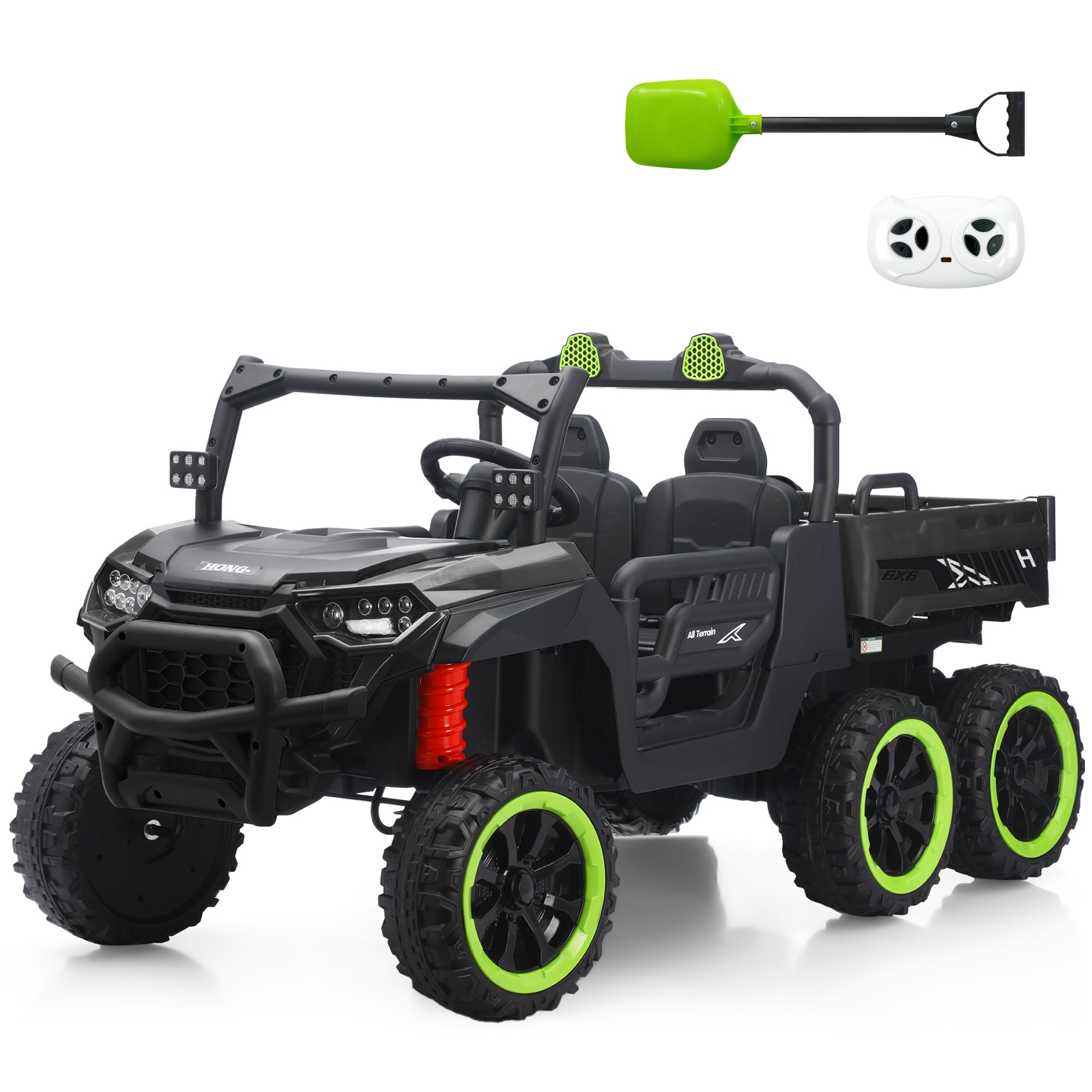 24V UTV 2 Seater Dump Truck with Remote Control, Electric Dump Bed, 4WD Power Ride on Truck Cars 6x6 Wheels, Music, Storage Trunk, Shovel for Kids