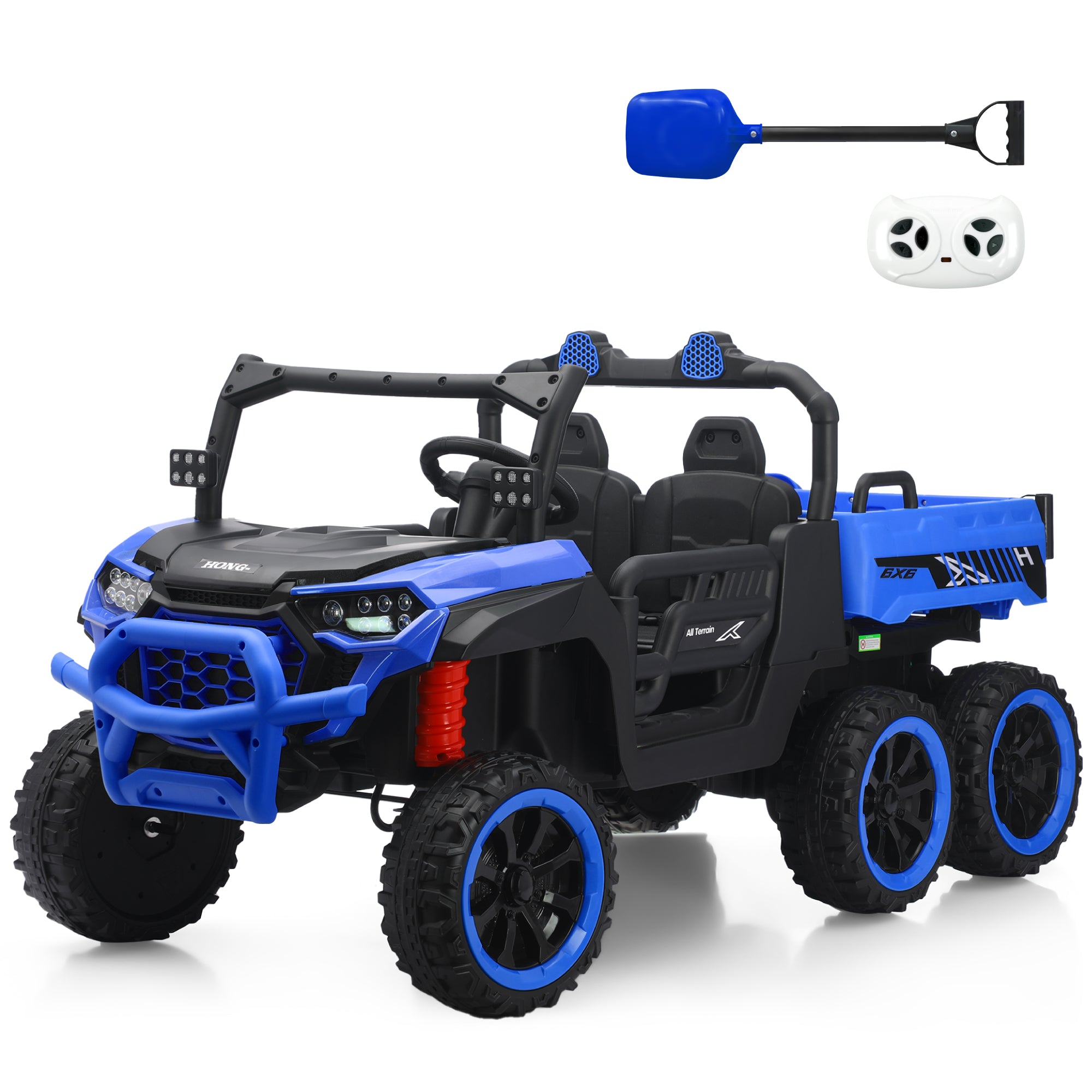 24V UTV 2 Seater Dump Truck with Remote Control, Electric Dump Bed, 4WD Power Ride on Truck Cars 6x6 Wheels, Music, Storage Trunk, Shovel for Kids
