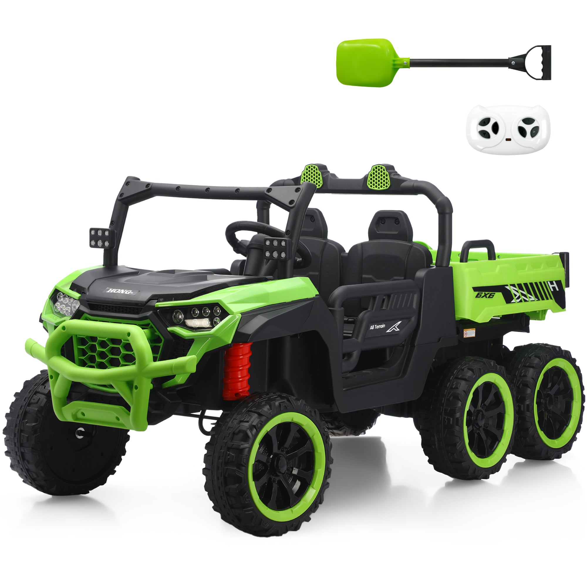 24V UTV 2 Seater Dump Truck with Remote Control, Electric Dump Bed, 4WD Power Ride on Truck Cars 6x6 Wheels, Music, Storage Trunk, Shovel for Kids