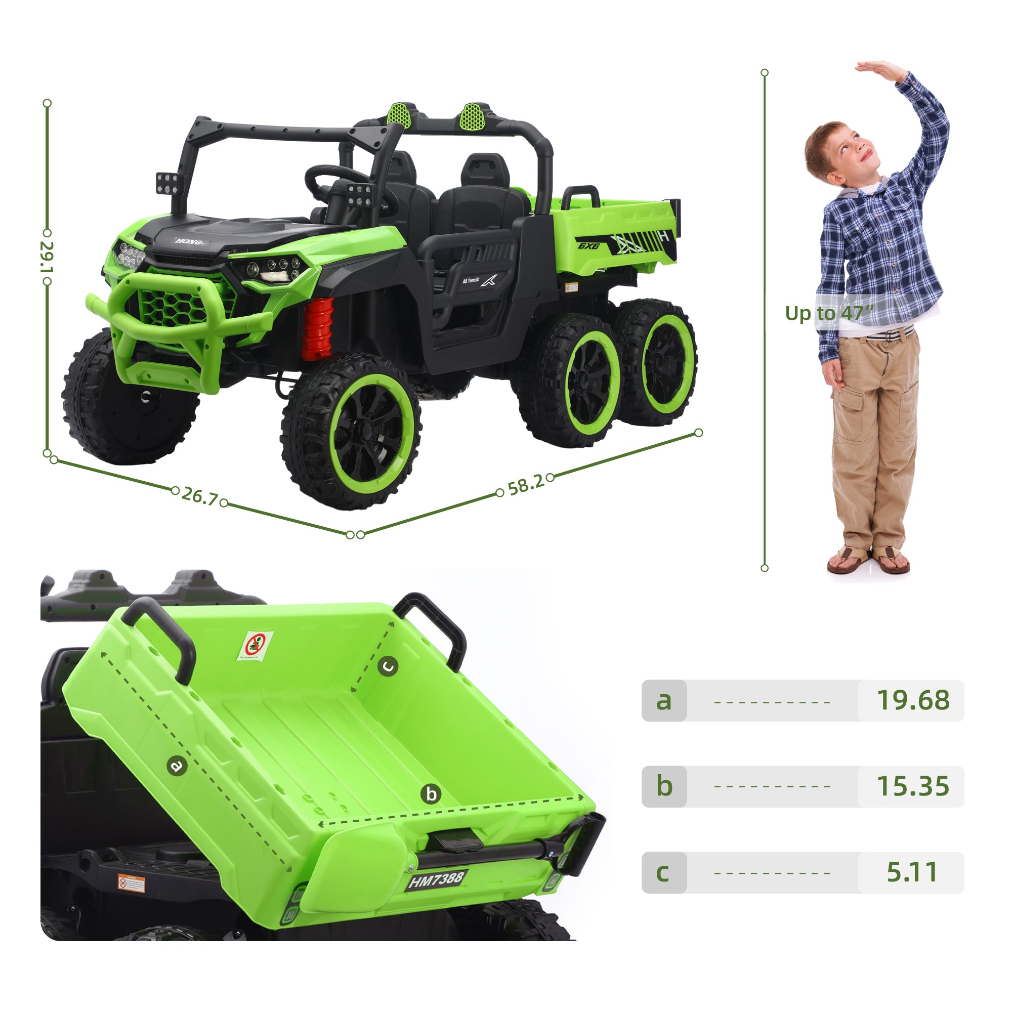24V UTV 2 Seater Dump Truck with Remote Control, Electric Dump Bed, 4WD Power Ride on Truck Cars 6x6 Wheels, Music, Storage Trunk, Shovel for Kids