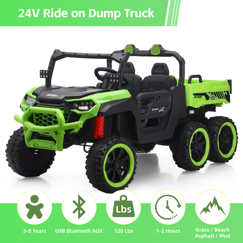 24V UTV 2 Seater Dump Truck with Remote Control, Electric Dump Bed, 4WD Power Ride on Truck Cars 6x6 Wheels, Music, Storage Trunk, Shovel for Kids