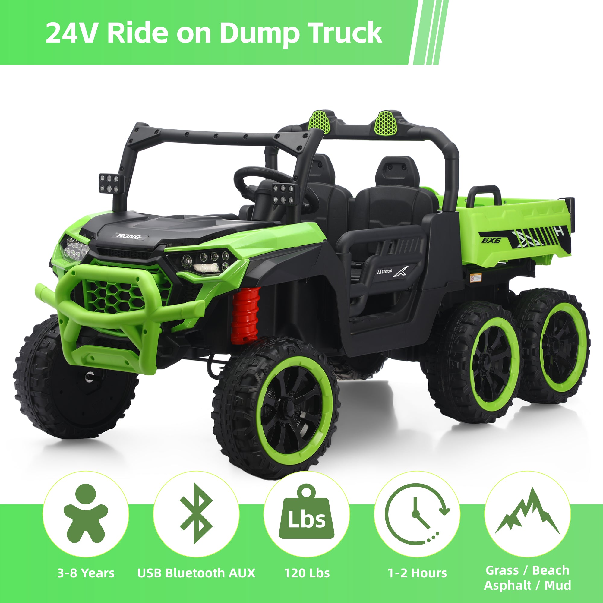 24V UTV 2 Seater Dump Truck with Remote Control, Electric Dump Bed, 4WD Power Ride on Truck Cars 6x6 Wheels, Music, Storage Trunk, Shovel for Kids