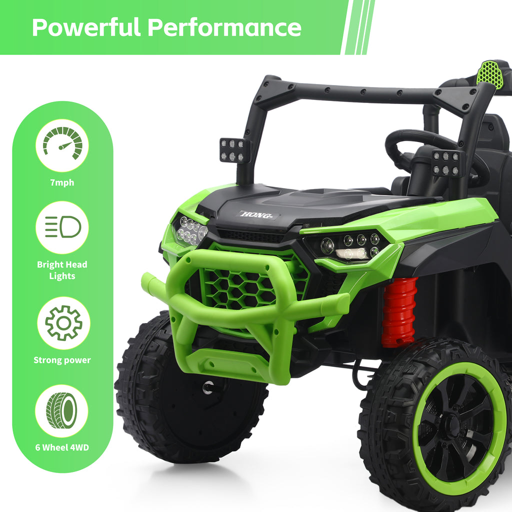 24V UTV 2 Seater Dump Truck with Remote Control, Electric Dump Bed, 4WD Power Ride on Truck Cars 6x6 Wheels, Music, Storage Trunk, Shovel for Kids