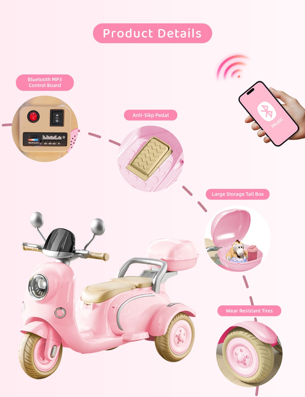 12V Kids Electric Motorcycle,Electric Scooter for 3 Year Old, Girls Toy, 3-Wheel Ride On Toy for Kids with Storage Compartments, Motorcycle for Girls