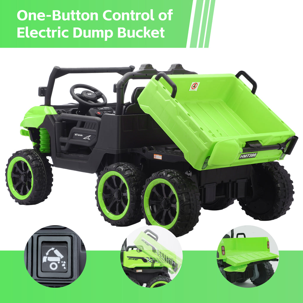 24V UTV 2 Seater Dump Truck with Remote Control, Electric Dump Bed, 4WD Power Ride on Truck Cars 6x6 Wheels, Music, Storage Trunk, Shovel for Kids